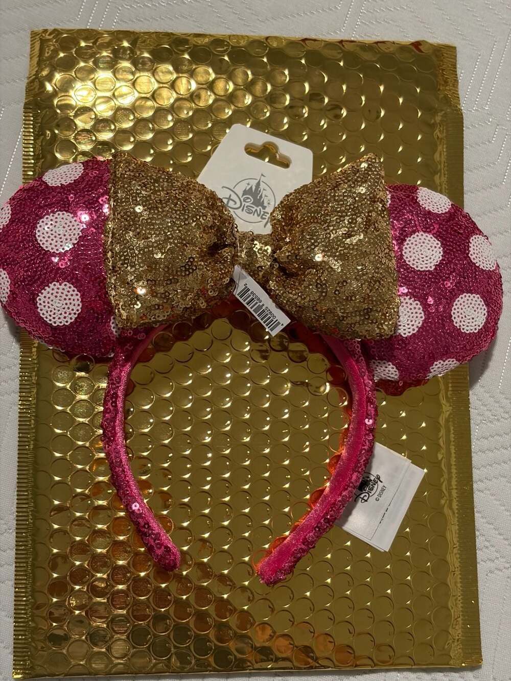 Disney Parks Minnie Mouse Ears Pink Sequin Polka Dot with Gold Sequin Bow